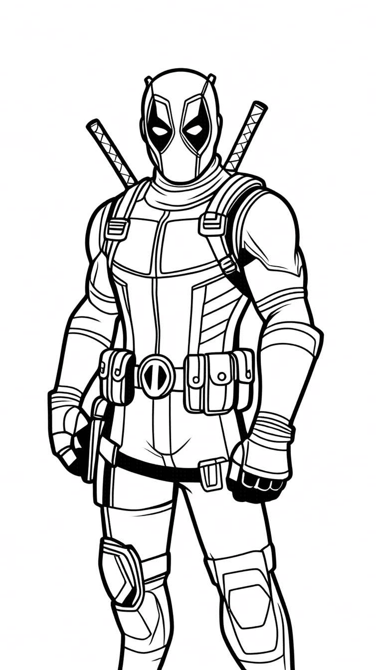 Deadpool Coloring Page - Free printable Deadpool coloring page featuring the iconic Marvel anti-hero in his tactical suit, equipped with his dual katanas and utility belt. Perfect for Marvel fans and kids who love funny yet action-packed superhero characters.