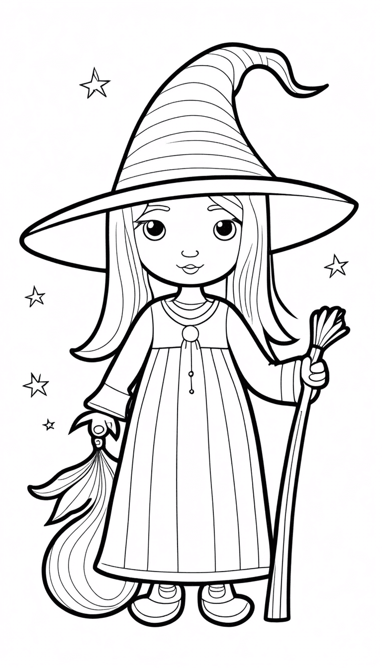 Cute Witch Coloring Page - A young witch dressed in a magical outfit, holding a broom and a potion bag. Perfect for Halloween-themed coloring fun and kids who enjoy whimsical fantasy characters.