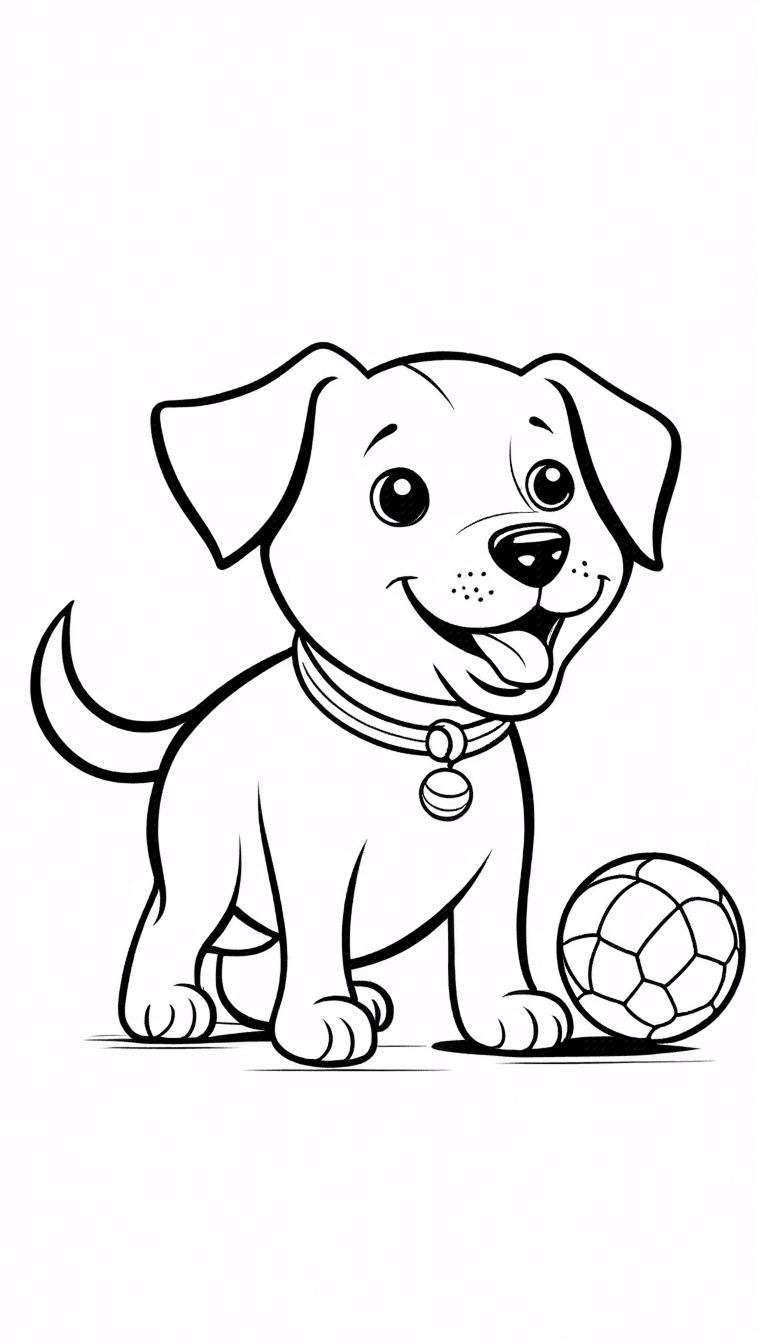 Cute Puppy with Ball Coloring Page - Adorable puppy coloring page featuring a happy dog with a playful expression and a ball. Great for young kids who love animals, pets, and cute coloring activities.
